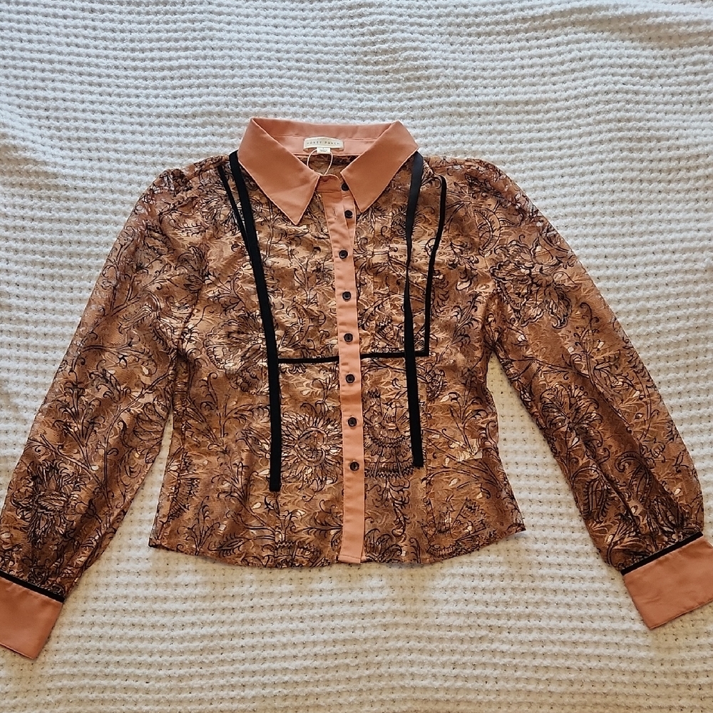 Honey Punch Peach Lace and Black Velvet Detailed Button Down Shirt, Large, New